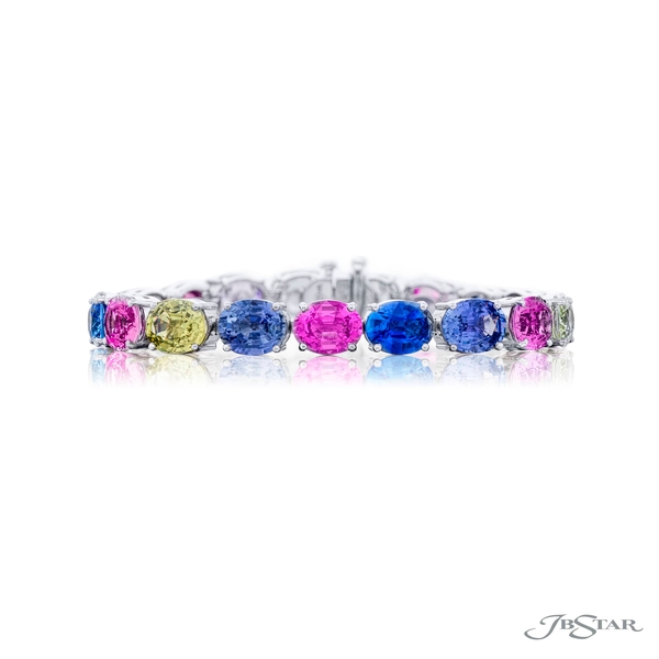 Sapphire bracelet featuring exquisite multi-colored natural oval sapphires. Handcrafted in pure platinum.3671-001