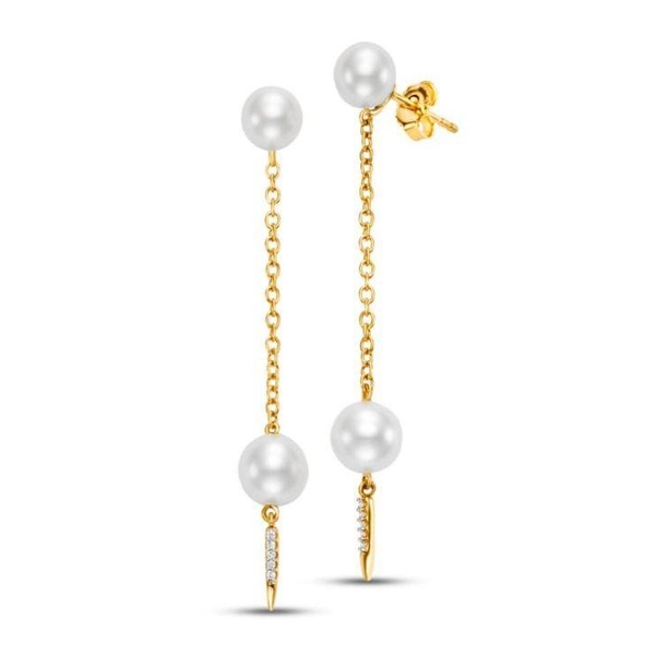 M21012E-8-1. 18KT Yellow Gold 6-7.5MM Freshwater Pearl Earring with 0.03TCW