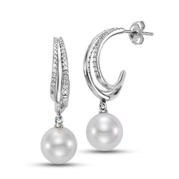 M22008EW-1. 18KT White Gold 9-9.5MM White Freshwater Pearl Hoops, 0.25TCW
