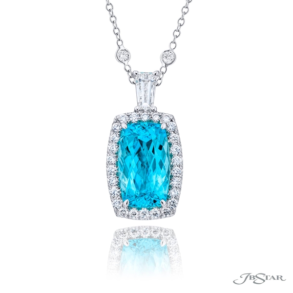 Paraiba and diamond pendant featuring a 5.70 ct. cushion-cut Paraiba edged in micro pave. Handcrafted in pure platinum.2743-029