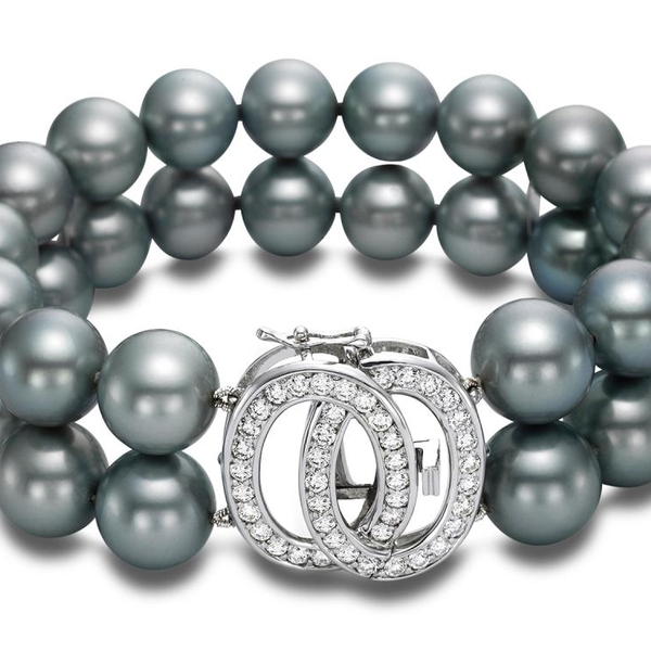 BR12010-8W 2-Row 11-12MM Silver Tahitian Pearl Bracelet with 18KT White Gold & Diamond Clasp 1.76 TCW