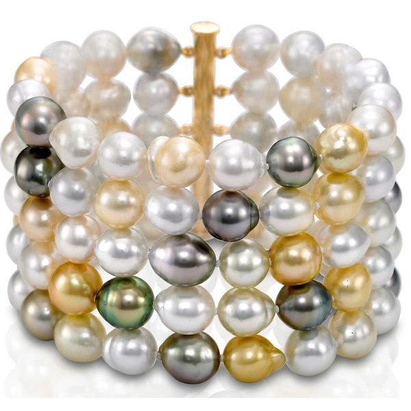 SMB-3073. 18KT Yellow Gold 9-11MM Multicolor Black, White & Golden Tahitian and South Sea Pearl Bracelet