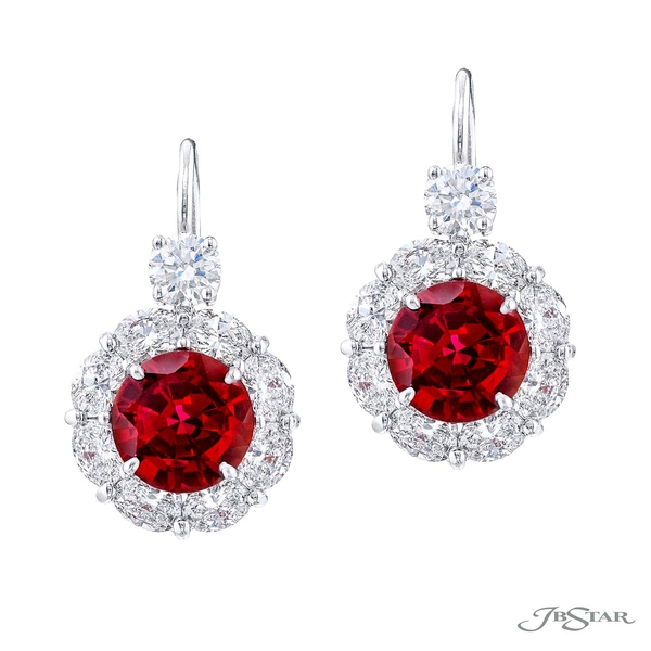 Ruby drop earrings featuring 2 gorgeous round certified Burmese rubies encircled by round & oval diamonds. 2366-007