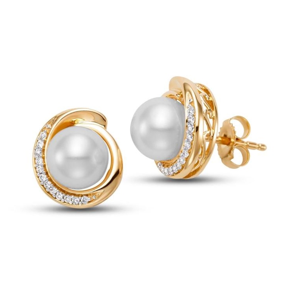G18061E-2 14KT Yellow Gold 6.5-7MM White Freshwater Pearl Earrings with 24 Diamonds 0.05 TCW