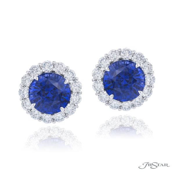 Sapphire and diamond earrings featuring magnificent certified no-heat Sri Lankan round sapphires encircled by round diamonds.1169-078