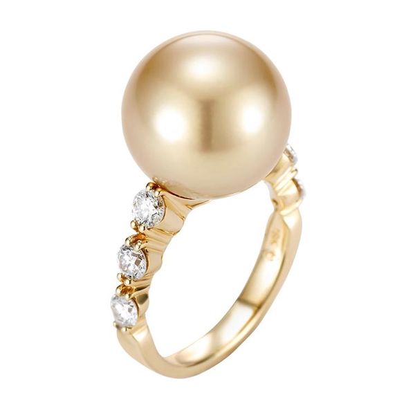 SWR-30601 18KT Yellow Gold 13.4MM Golden South Sea Pearl Ring with 6 Diamonds 0.75 TCW