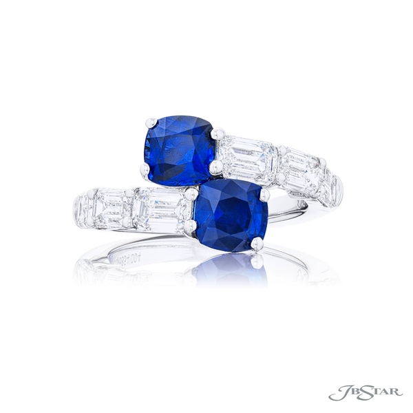 Sapphire and diamond ring featuring 2 cushion shaped sapphires with cascading emerald-cut diamonds. 5854-004