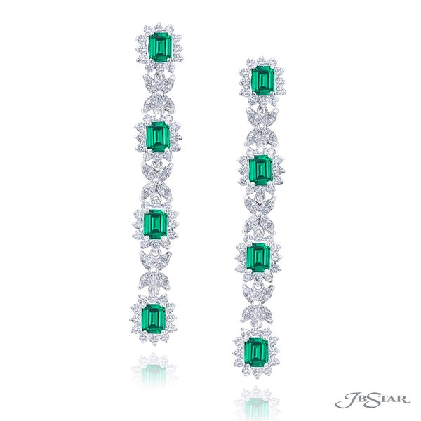 Emerald and diamond drop earrings featuring stunning emerald-cut emeralds surrounded by marquise and round diamonds. Handcrafted in pure platinum.2587-002