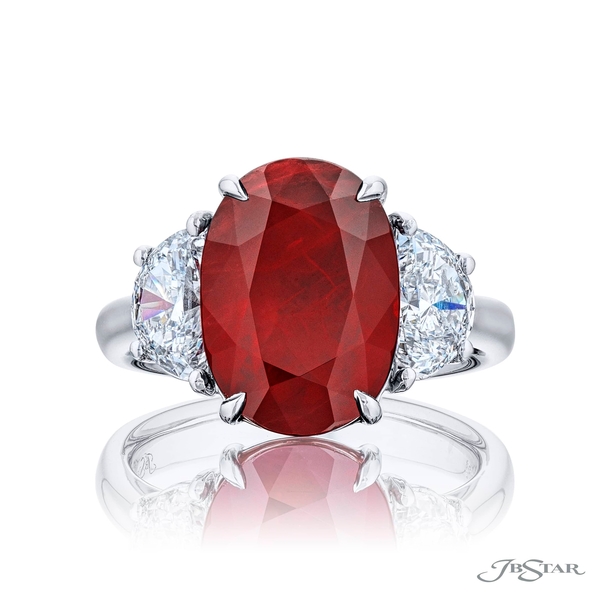 Ruby and diamond ring featuring a stunning GRS certified Burmese vivid-red 8.01 ct oval ruby. 4664-312