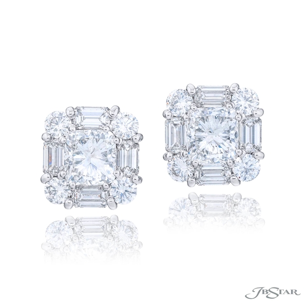 Diamond stud earrings featuring two GIA certified cushion-cut diamonds encircled by round and emerald diamonds.2438-034