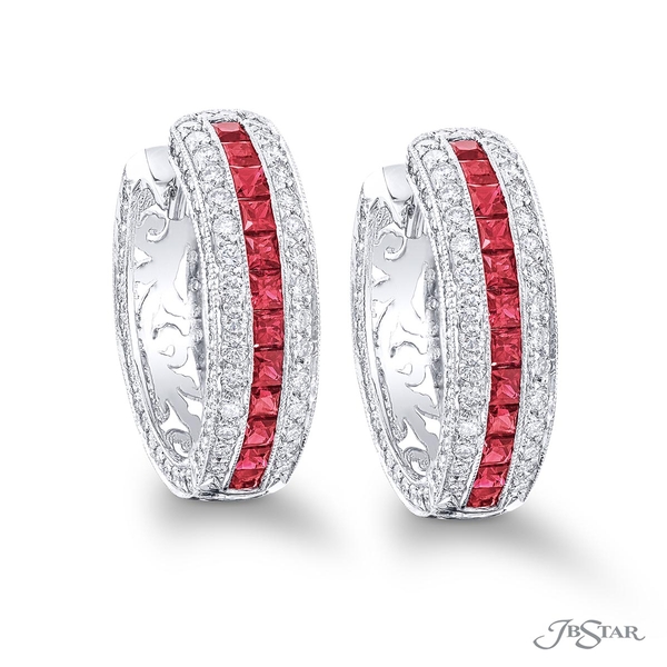 Ruby and diamond hoop earrings featuring princess-cut rubies in a center channel edged in round diamond pave. 0446-019