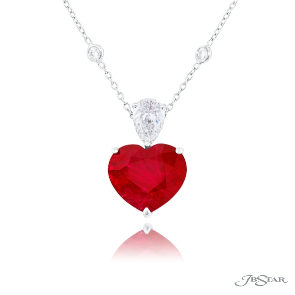 Ruby and diamond pendant featuring a 5.43 ct heart shape Burma ruby with a pear shape diamond bail.1637-064-1