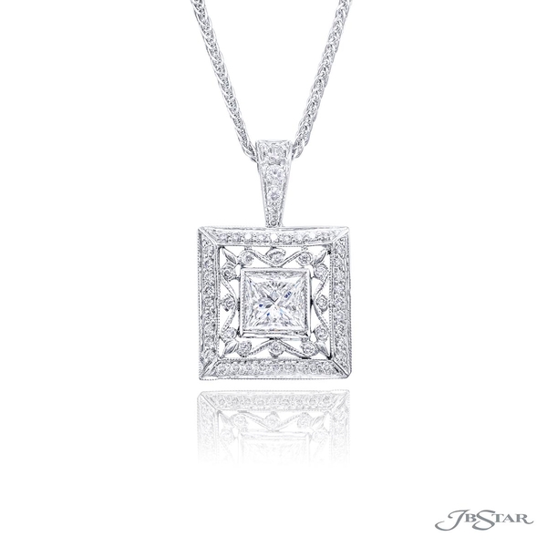 Diamond pendant featuring 1.00 ct. GIA certified princess-cut diamond center surrounded by a stunning design of round diamonds.1256-002
