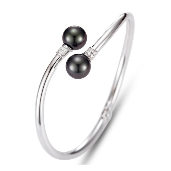 14KT White Gold 9-9.5MM Black Tahitian Pearl Bracelet with 12 Diamonds 0.15 TCW