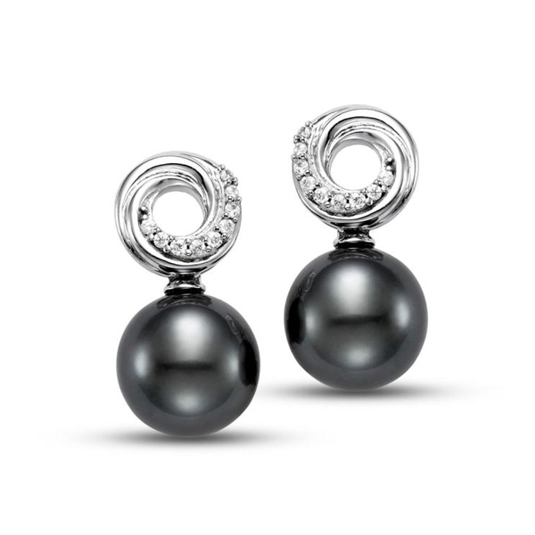 G19010EBW. 14KT White Gold 8.5-9MM Black Tahitian Pearl Drop Earrings with 18 Diamonds 0.07 TCW