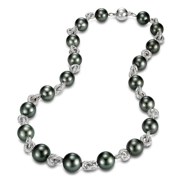 SJN-1004 18KT White Gold 12.4-15.9MM Black Tahitian Pearl Link Necklace with 828 Diamonds 8.28 TCW, 19 Inches