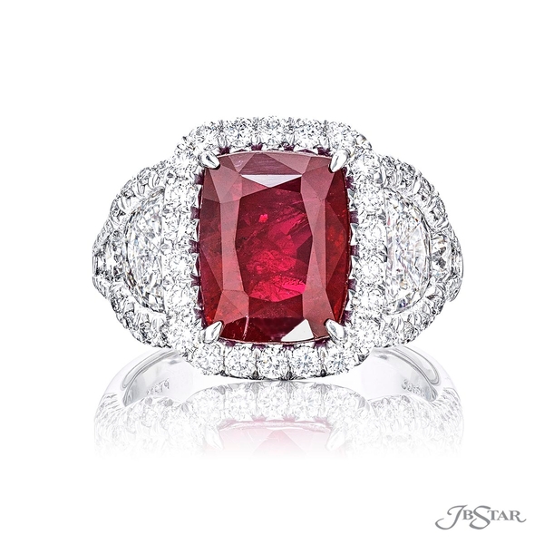Ruby and diamond ring featuring a magnificent 6.00 ct. no-heat certified cushion-cut ruby accompanied by half-moon and round diamonds in a micro pave setting. 2602-003