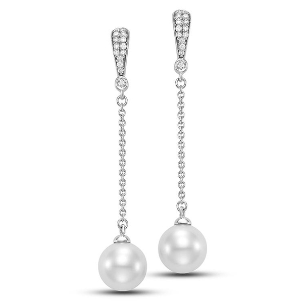 M19073EW.1. 14KT White Gold 9-9.5MM White Freshwater Pearl Chain Drop Earrings with 28 Diamonds 0.15 TCW