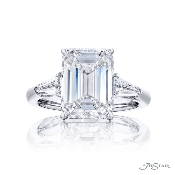 5.00 ct. GIA certified emerald-cut diamond center set between two tapered baguette diamonds. 1219-090