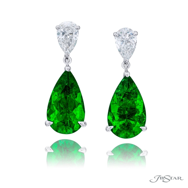 Emerald and diamond drop earrings featuring pear-shaped 7.75 cttw. certified vivid green emeralds suspended from pear-shaped diamonds. 1199-121