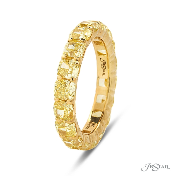 Diamond eternity band featuring 18 cushion cut fancy yellow diamonds in a shared prong setting. Handcrafted in 18KY gold. 5366-001v2