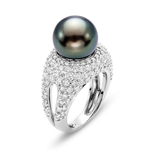 SBR-3043-1 18KT White Gold 12.5MM Black Tahitian Pearl Ring with 140 Diamonds 3.26 TCW