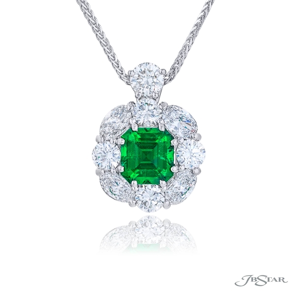 Emerald pendant Featuring an 1.84 CT CDC certified Emerald with round and oval diamonds and a round diamond bail. 2423-006
