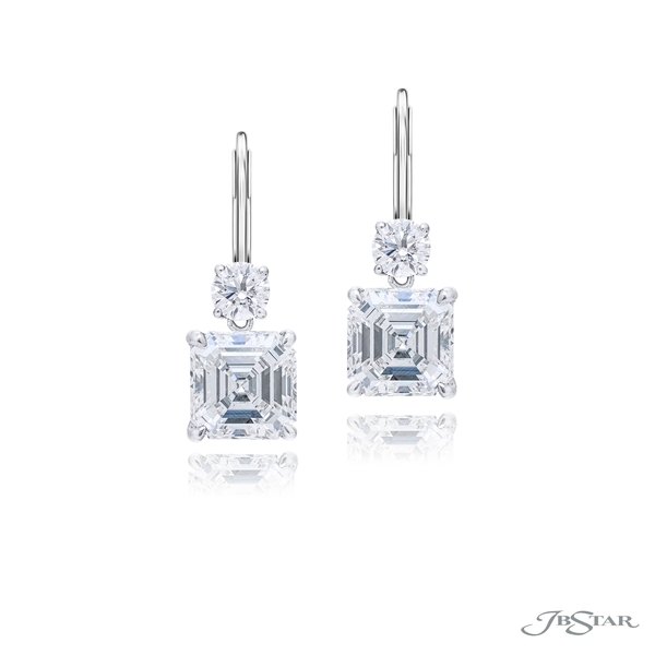 Diamond earrings featuring 2 gorgeous square emerald-cut center diamonds with round diamonds on top 1199-117