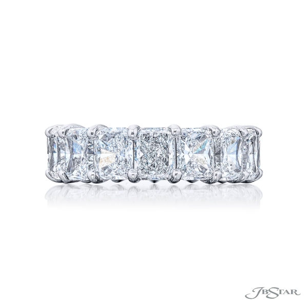 Diamond eternity band featuring 15 perfectly matched GIA Certified FG VS radiant cut diamonds in a shared prong setting. 5423-002