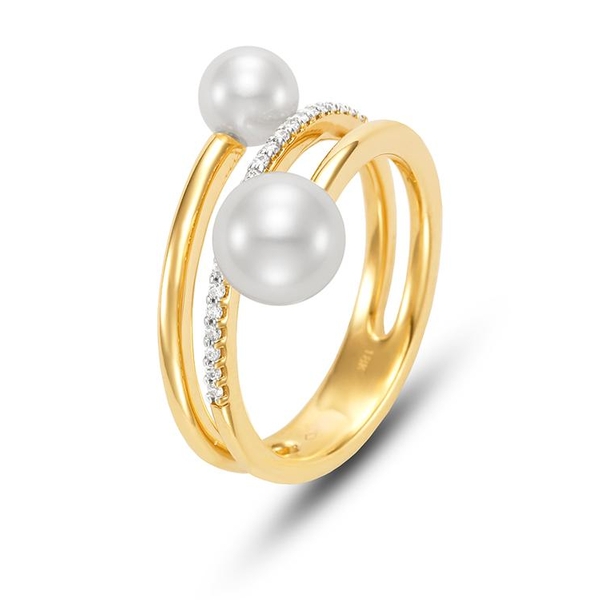 M19056R-8.1 18KT Yellow Gold 5-7MM White Freshwater Pearl Ring with 25 Diamonds 0.10 TCW