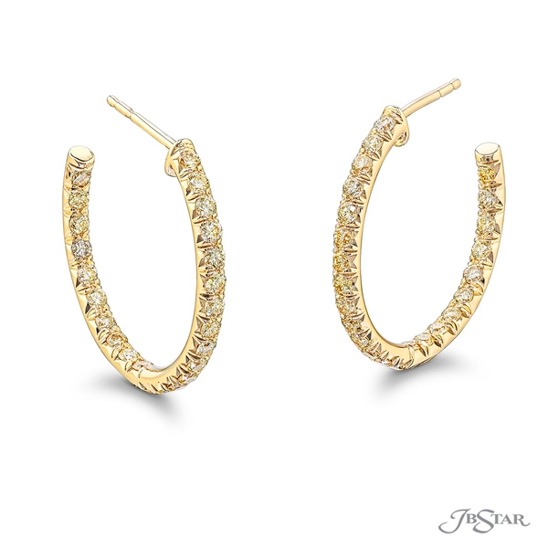 Diamond hoop earrings featuring round fancy yellow diamonds in a cut down setting. 2097-002