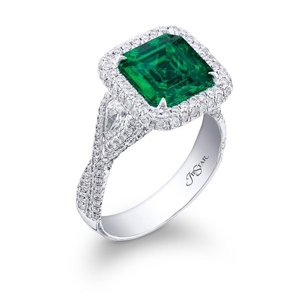 Emerald and diamond ring featuring a 2.01 ct. emerald-cut emerald accompanied by kite diamonds in a micro pave setting.0490-011v2