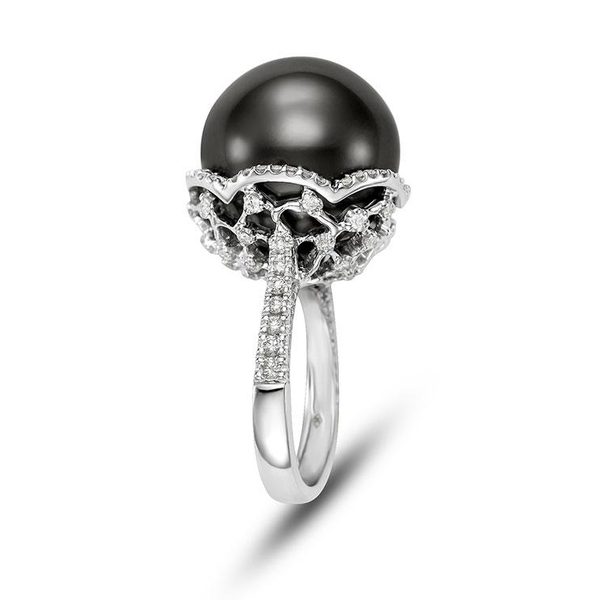 SBR-3180-1 18KT White Gold 17.4MM Black Tahitian Pearl Ring with 30 Diamonds 1.08 TCW