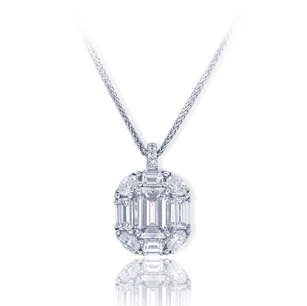 platinum pendant features an exceptional 1.84 ct. emerald cut diamond center and is embraced with emerald cut, round and oval diamonds..jpg