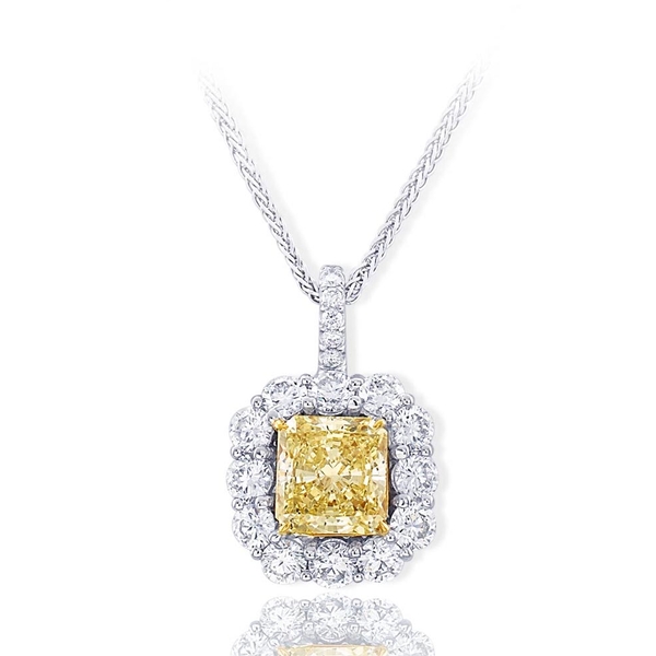 fancy light yellow diamond pendant handcrafted with a beautiful 2.12 ct. GIA certified radiant fancy light yellow diamond encircled by round diamonds.jpg