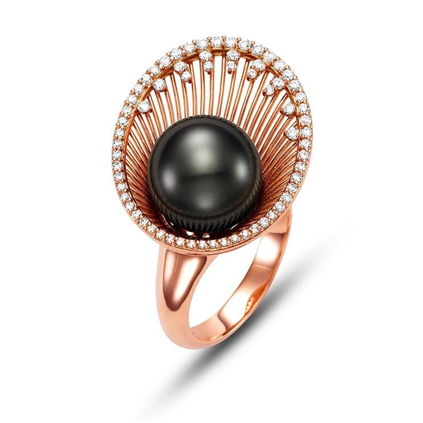 SI2001RB-8R 18KT Rose Gold 12-12.5MM Black Tahitian Pearl Cocktail Ring with Diamonds 0.50 TCW