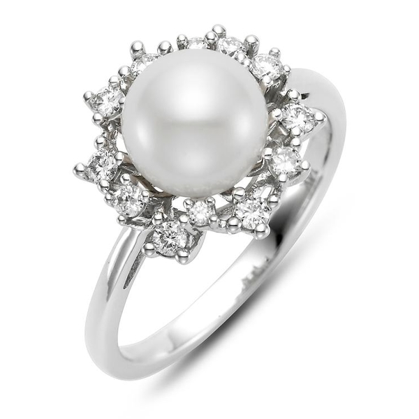 G18044RW 14KT White Gold 8-8.5MM White Freshwater Pearl Ring with 12 Diamonds 0.24 TCW