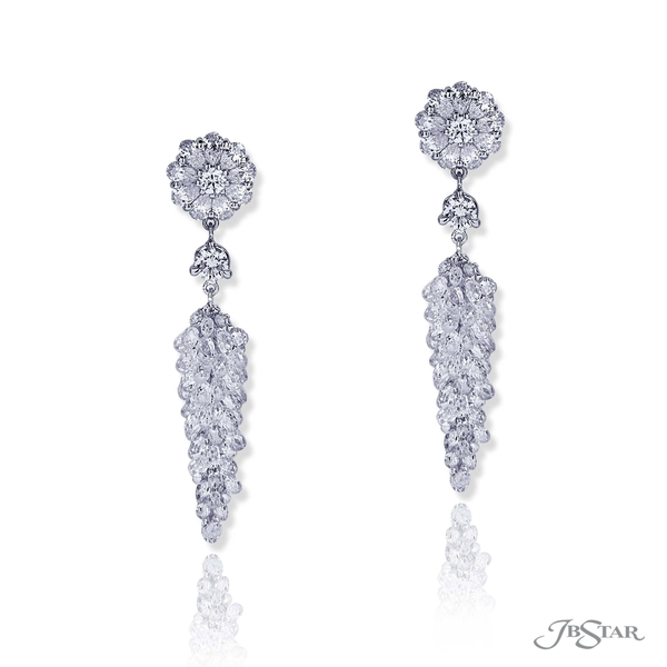 Diamond earrings featuring briolette diamonds specially hung by two pear shape diamonds and round diamond studs.5328-002