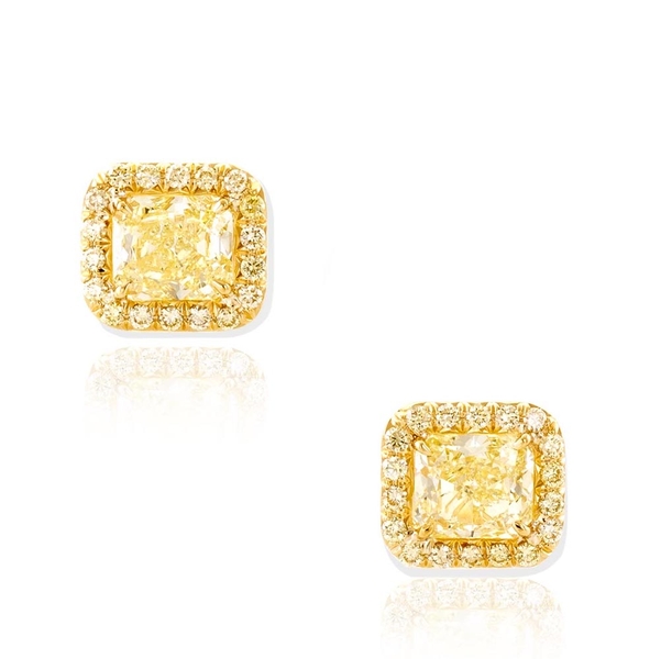 handmade in 18KY gold feature perfectly matched fancy yellow radiant-cut diamond centers edged with fancy yellow round diamond .jpg