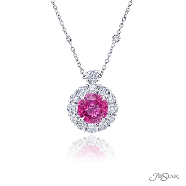 Pink sapphire and diamond pendant featuring a 2.48 ct. round pink sapphire encircled by round diamonds.0129-003