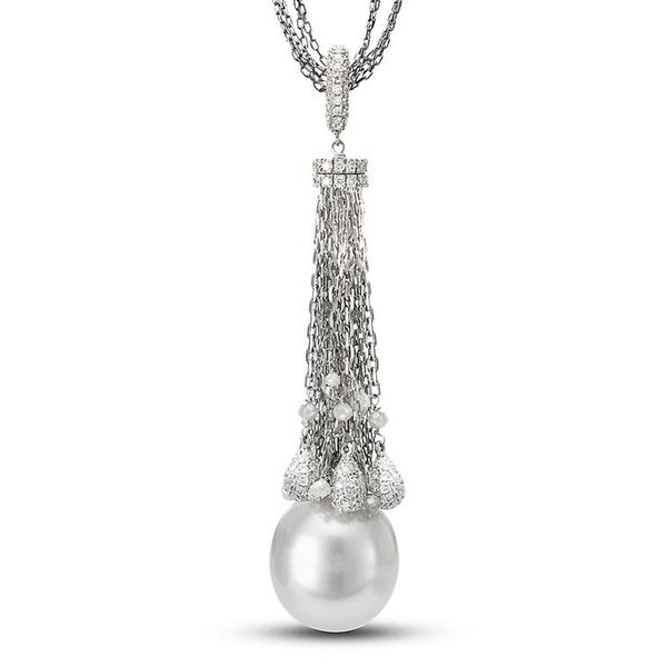 SWP-3192-4 18KT White Gold 13.5-14MM White South Sea Pearl Tassel Necklace with Diamonds 3.14 TCW, 28 Inches