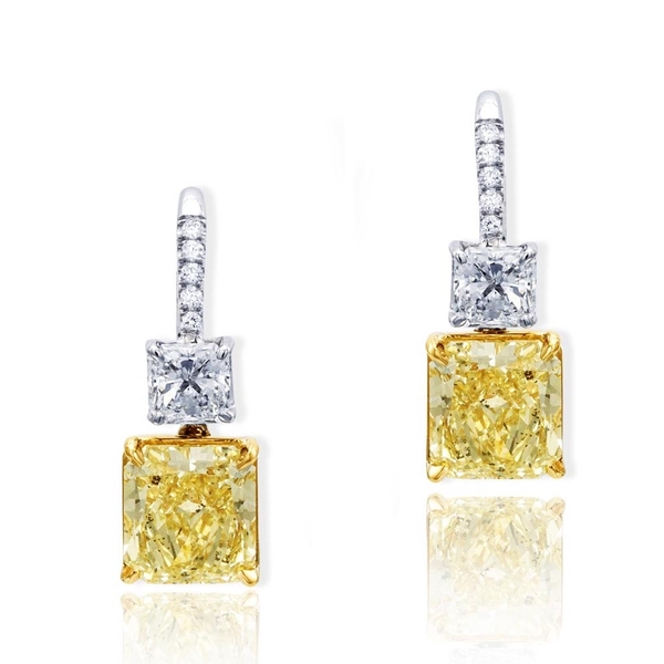 Platinum and 18KY gold fancy yellow diamond drop earrings featuring gorgeous 5.44 ct. radiant natural fancy yellow diamonds.jpg