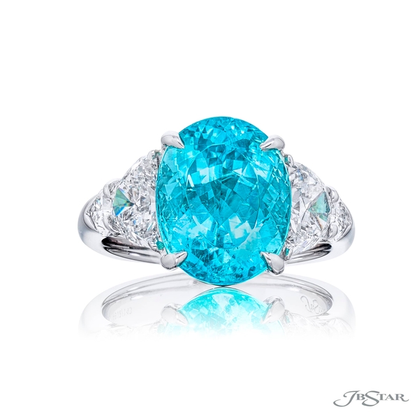 Paraiba and diamond ring featuring a 5.54 ct. oval Paraiba embraced by half moon and shield diamonds.4912-143