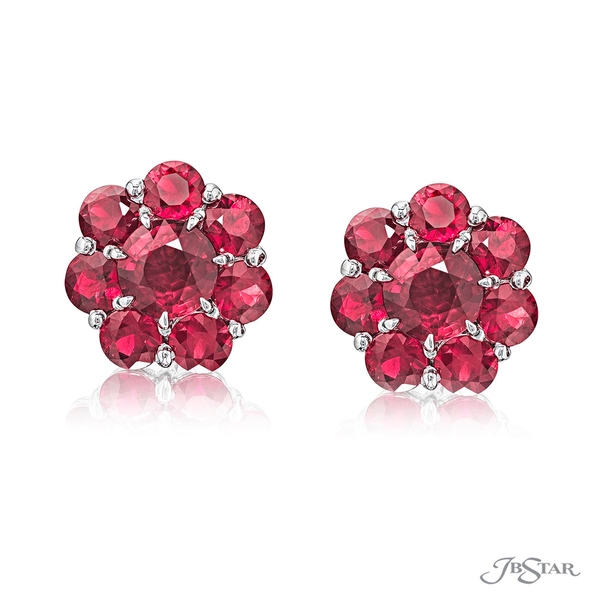 Ruby stud earrings featuring two round rubies 2.47 cttw encircled by additional round rubies.1169-070