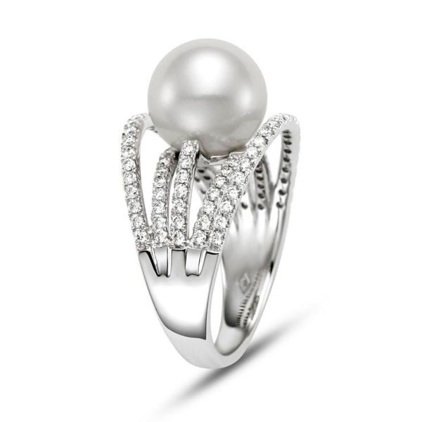 M19046R-8W 18KT White Gold 10.5-11MM White Freshwater Pearl Ring with 89 Diamonds 0.75 TCW