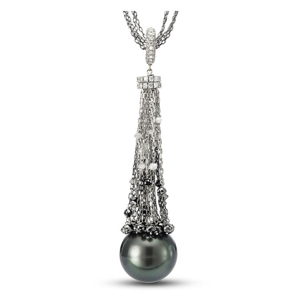 SBP-3153-2 18KT White Gold 14.7MM Black Tahitian Pearl Tassel Necklace with Black & White Diamonds 4.35 TCW, 28 Inches