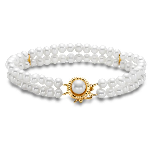 2-Row 4-4.5MM White Freshwater Pearl Strand Bracelet with 14KT Yellow Gold & Pearl Clasp