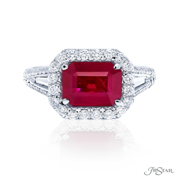 Ruby and diamond ring featuring a 2.99 ct. certified emerald-cut Burma ruby in our east to west design accompanied by tapered baguettes and micro pave.5250-052