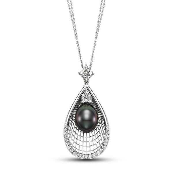 SI2002PB-8W 18KT White Gold 12-13MM Black Tahitian Pearl Pendant Necklace with Diamonds 0.85 TCW, 18 Inch Chain