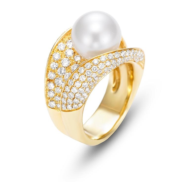 SWR-30121 18KT Yellow Gold 10-10.5MM White South Sea Pearl Ring with 228 Diamonds 2.42 TCW